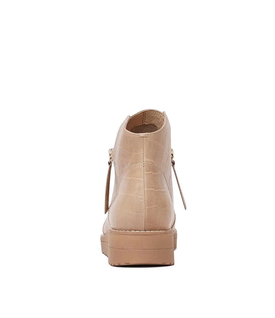 Ohmyes Latte Croc Leather Ankle Boots