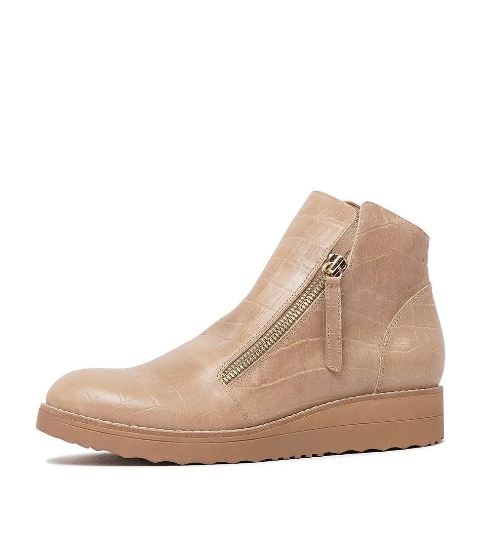 Ohmyes Latte Croc Leather Ankle Boots