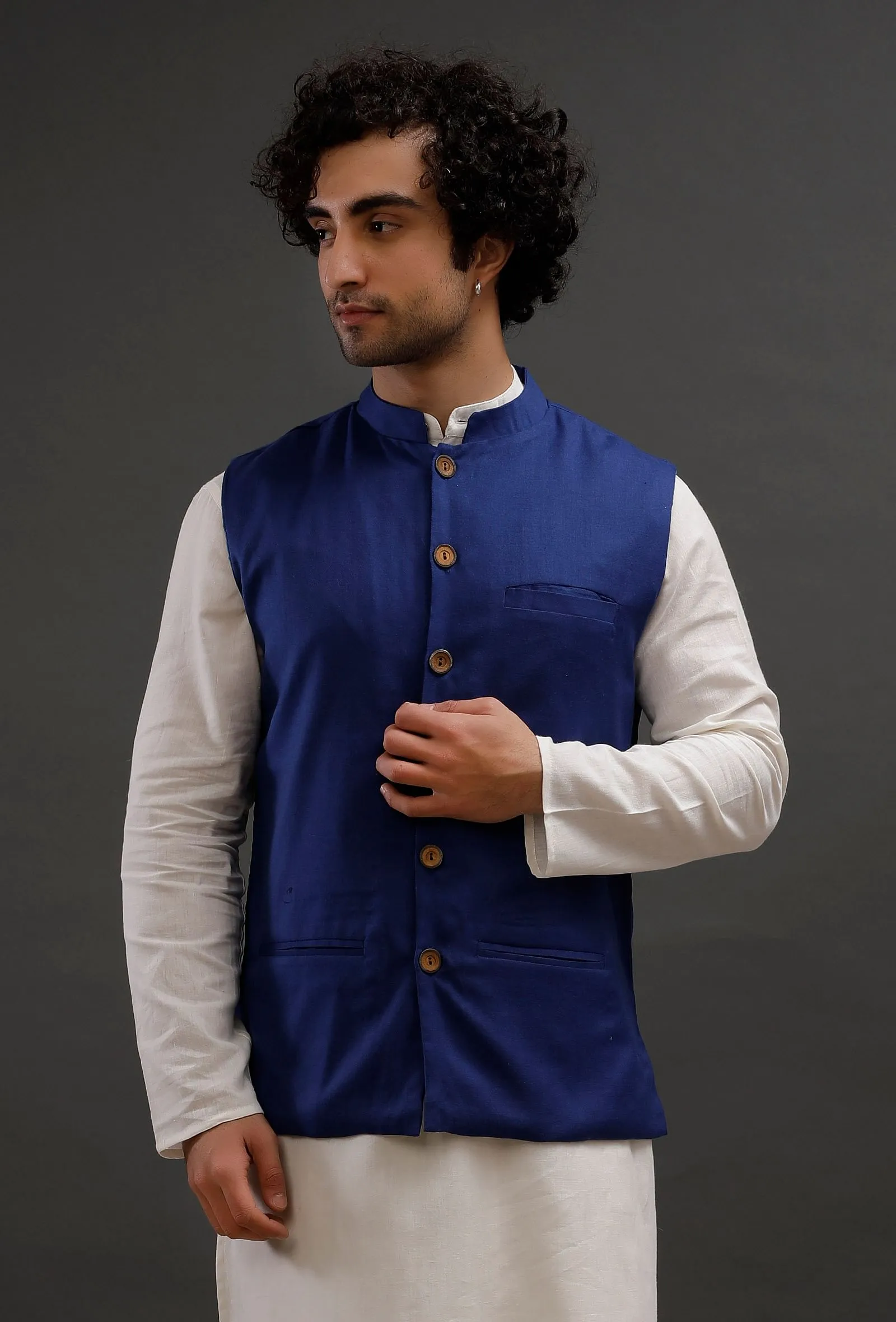 Prussian Blue Woollen Blend Nehru Jacket