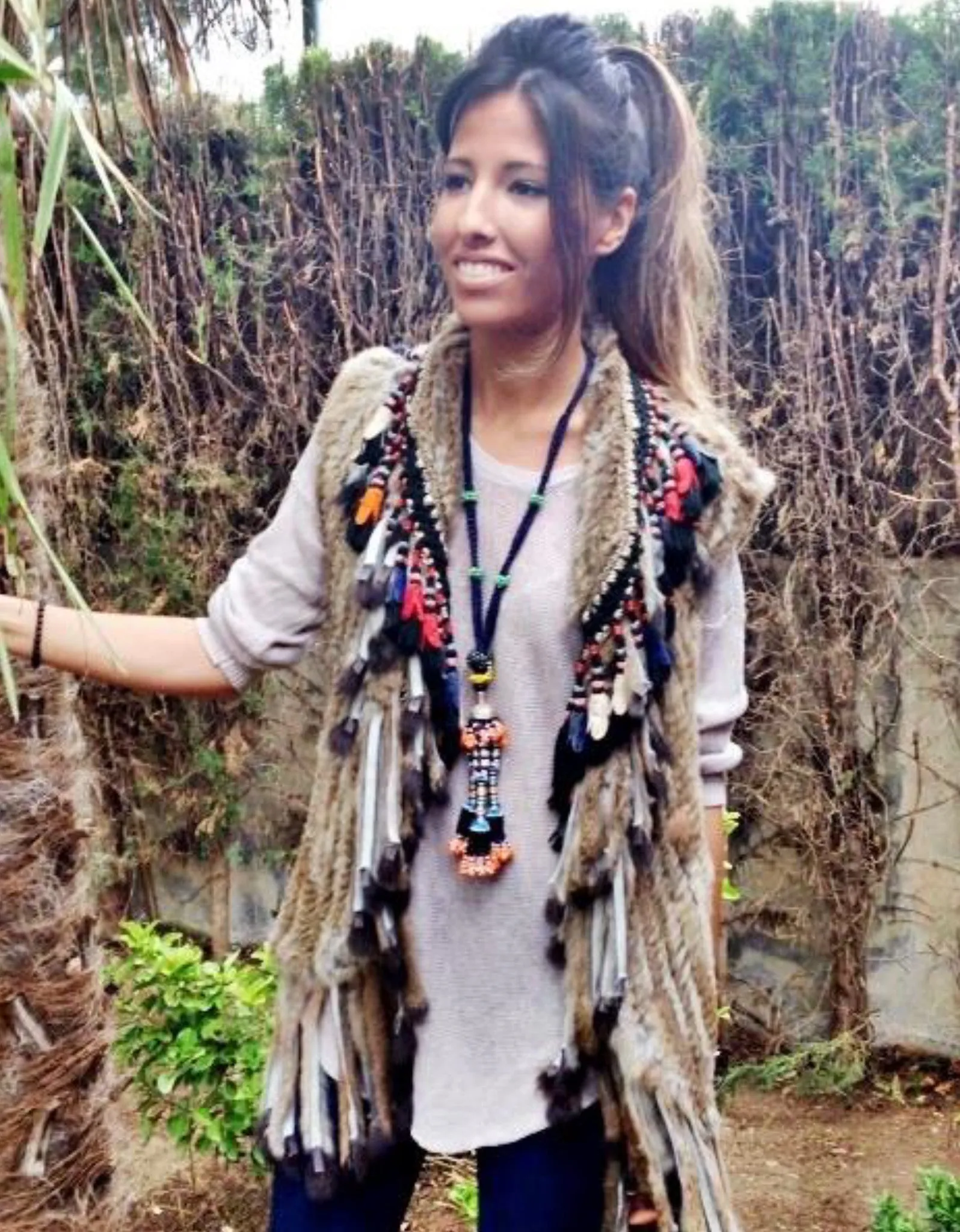 Rabbit Fur Vest w/Multicolor Fringe