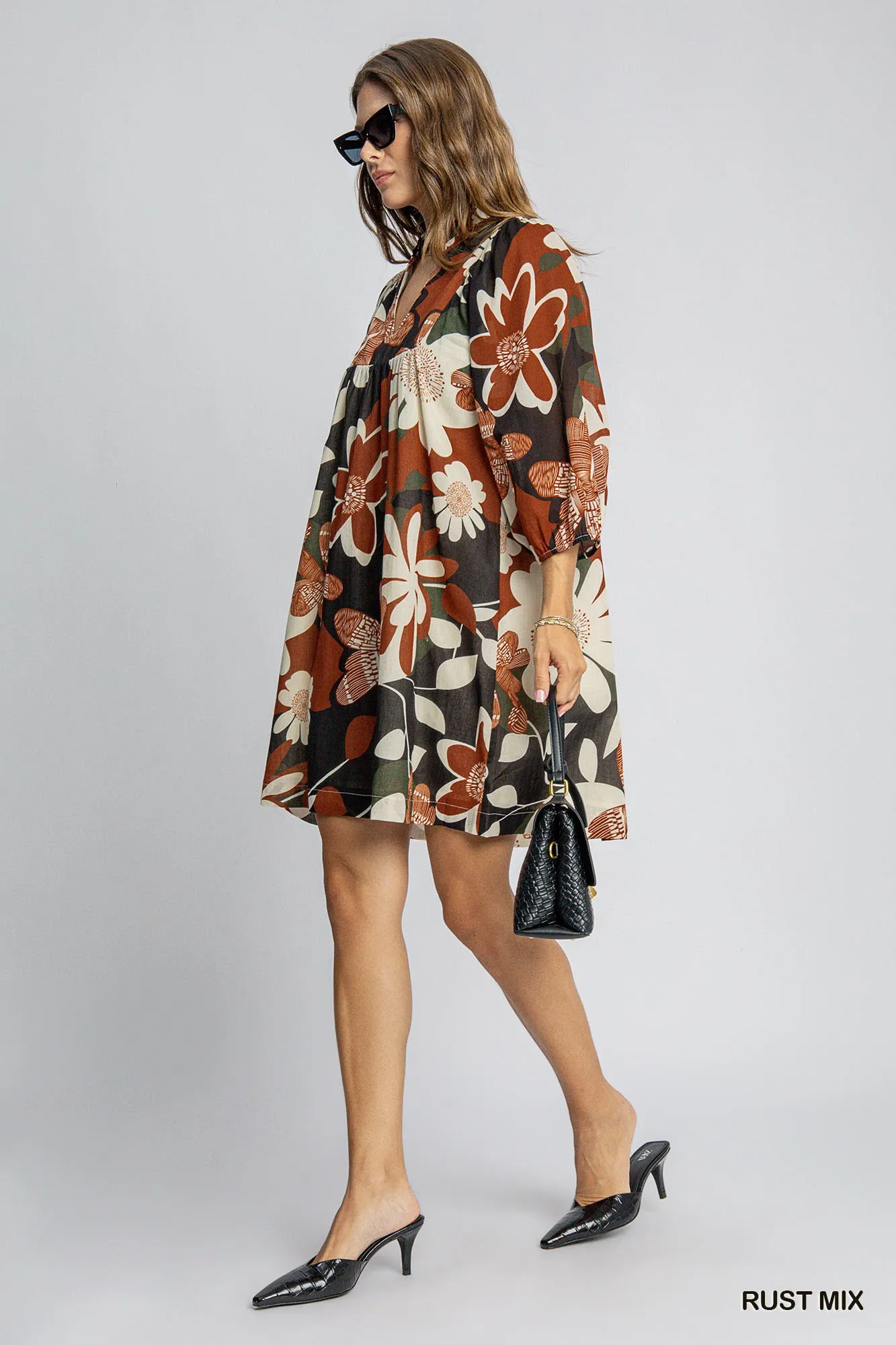 Rust, Black & Cream 3/4 Sleeve Dress