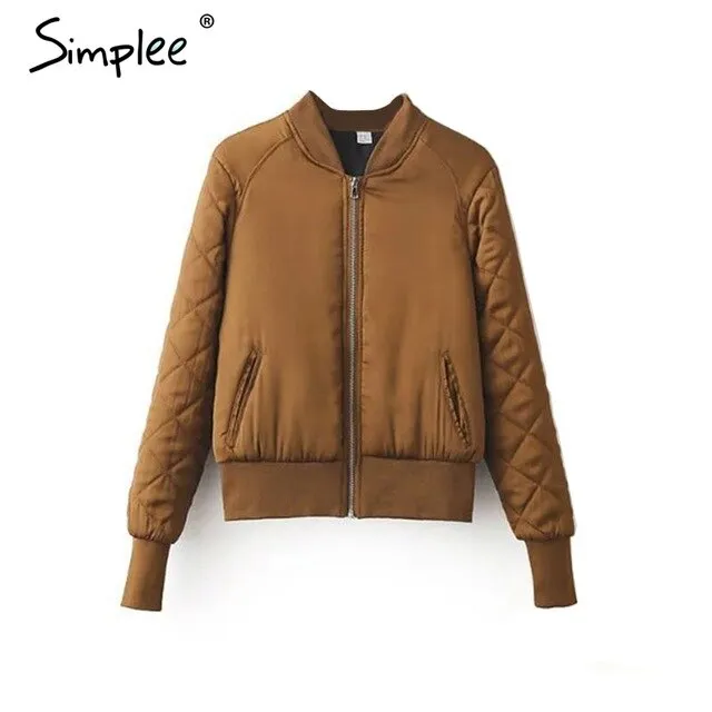 Simplee Winter parkas casual baseball jacket Women long sleeve stand collar jacket coat Autumn streetwear army green jacket tops