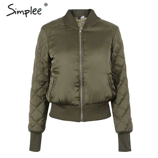 Simplee Winter parkas casual baseball jacket Women long sleeve stand collar jacket coat Autumn streetwear army green jacket tops