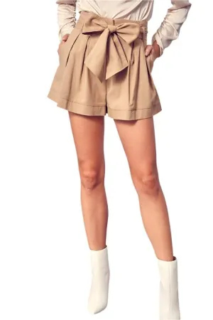 Taupe Front Self Tie Shorts