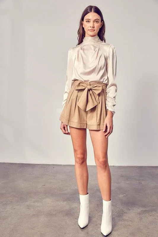 Taupe Front Self Tie Shorts