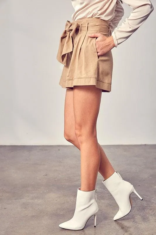 Taupe Front Self Tie Shorts