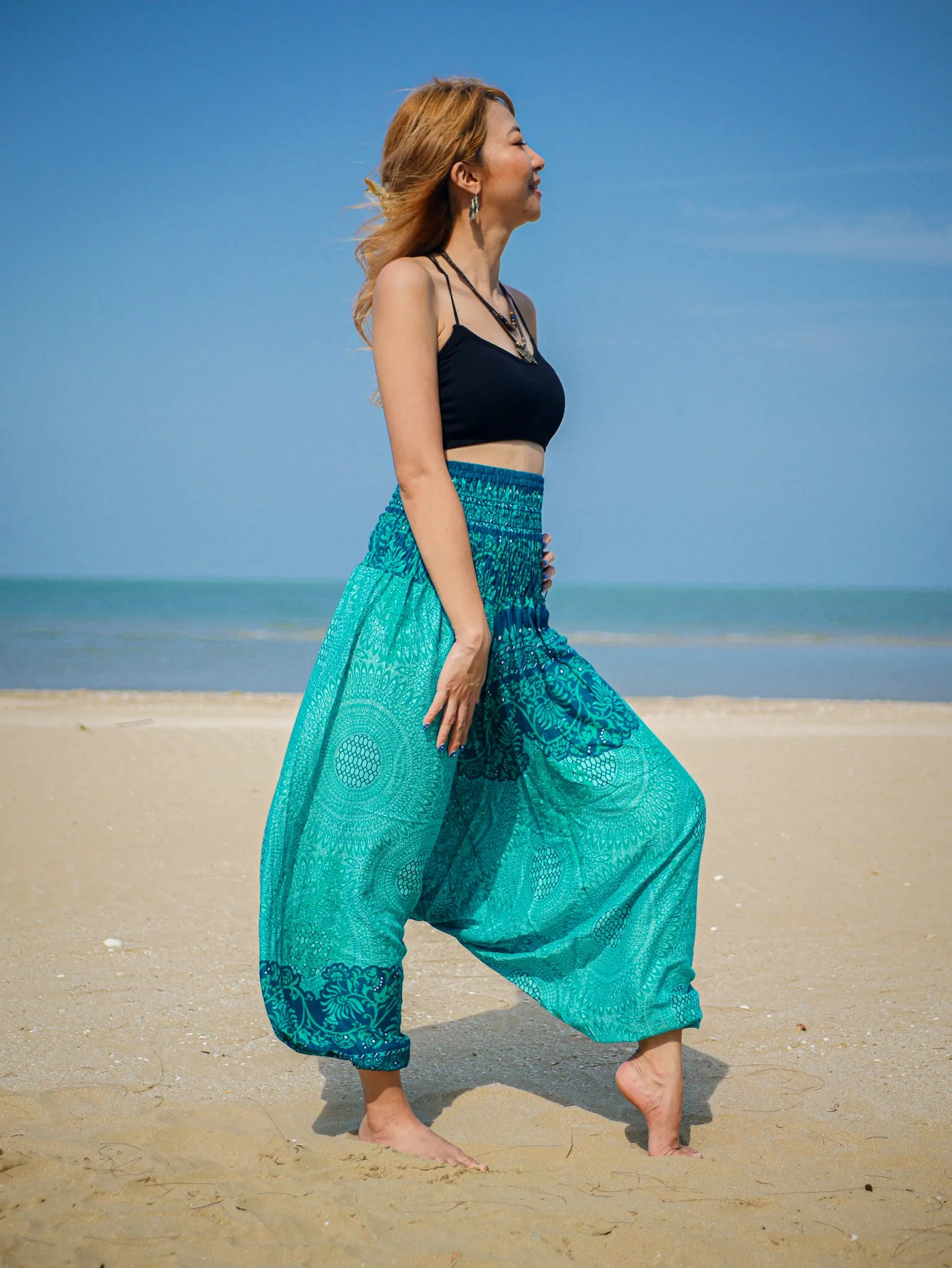 Teal Green Mandala Low Cut Harem Pants