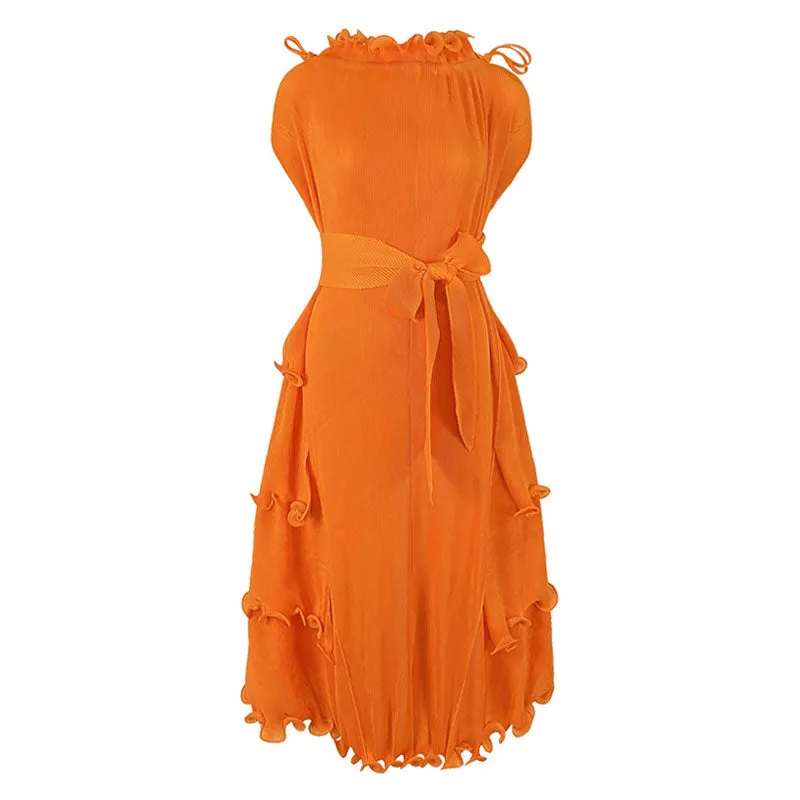 Unique Drawstring Ruffled Mock Neck Self Tie Belted Pleated Midi Dress