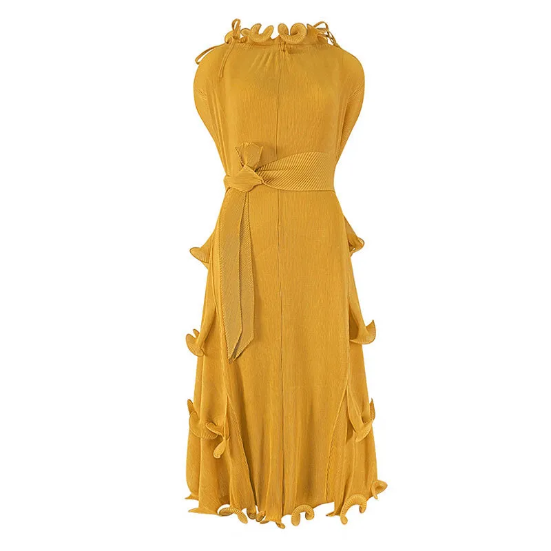 Unique Drawstring Ruffled Mock Neck Self Tie Belted Pleated Midi Dress