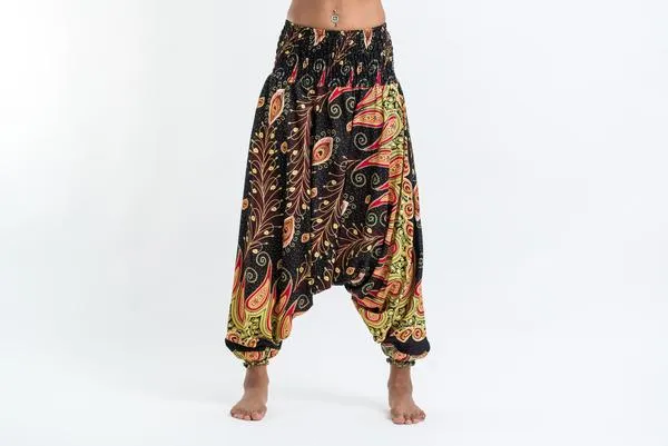 Unisex Peacock Paisley Drop Crotch Jumpsuit Harem Pants in Black