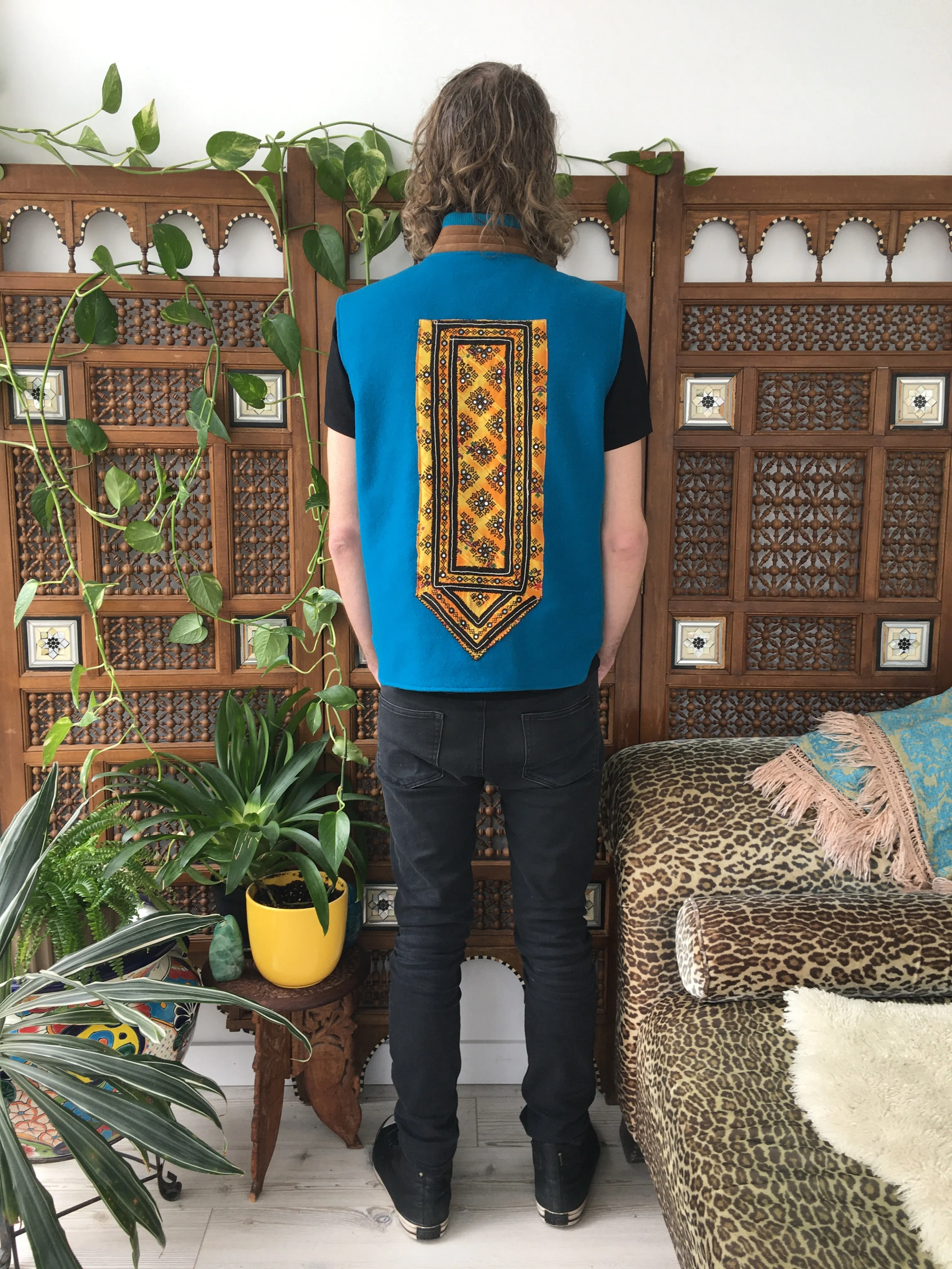 Up-Cycled One-of-a-Kind Turquoise Wool Vintage Banjara Textile Vest