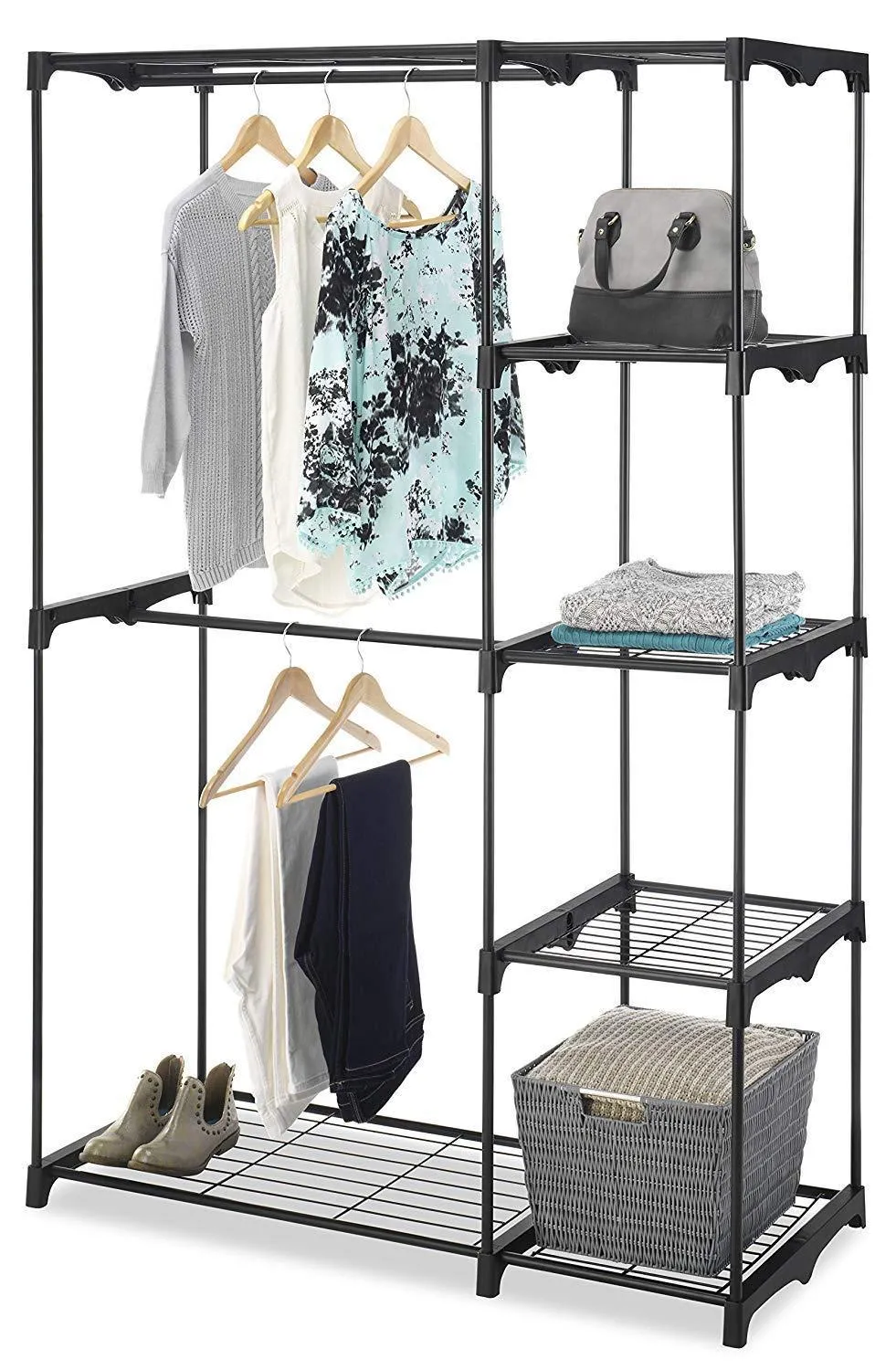 Whitmor Freestanding Portable Closet Organizer - Heavy Duty Black Steel Frame - Double Rod Wardrobe Cloths Storage With 5 Shelves & Shoe Rack for Home or Office - Size: 45-1/4 x 19-1/4 x 68"