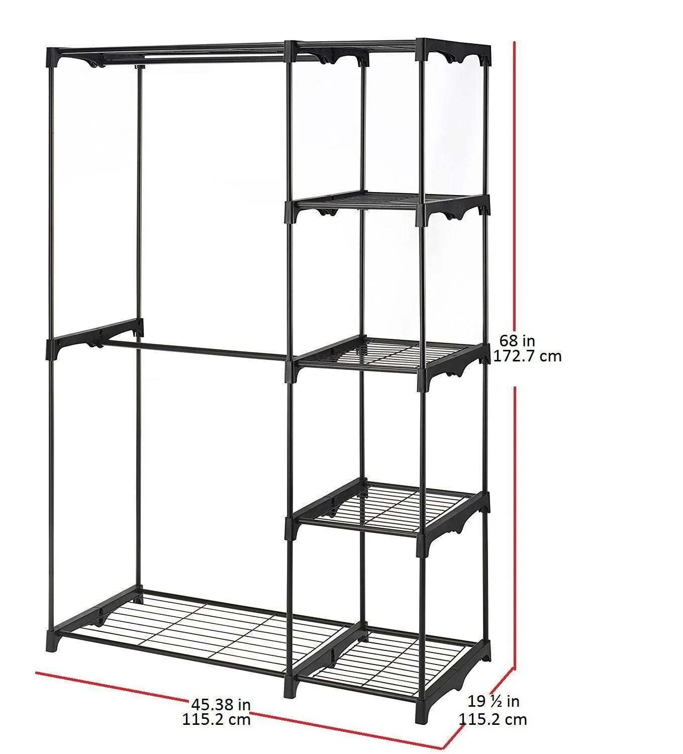 Whitmor Freestanding Portable Closet Organizer - Heavy Duty Black Steel Frame - Double Rod Wardrobe Cloths Storage With 5 Shelves & Shoe Rack for Home or Office - Size: 45-1/4 x 19-1/4 x 68"