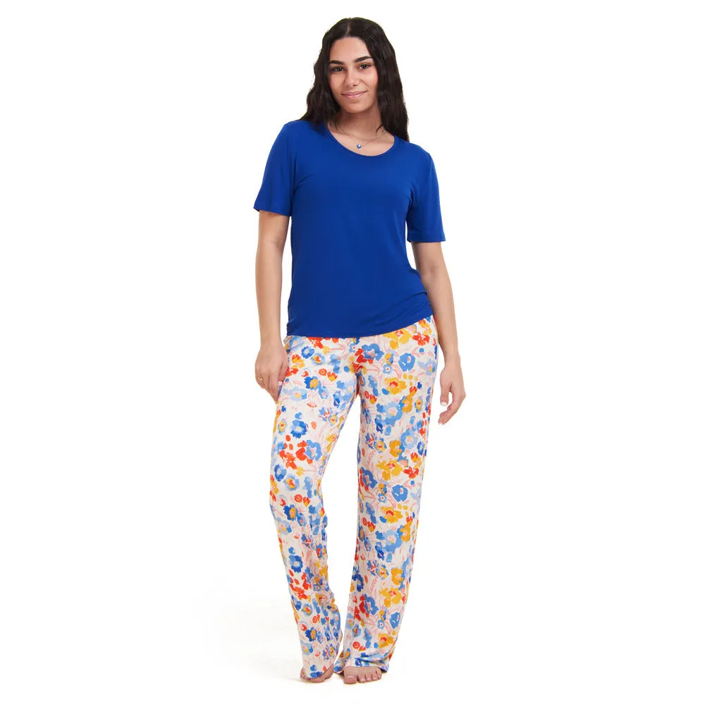 Women summer pajama set Royal Blue top   Colorful Blossoms pants