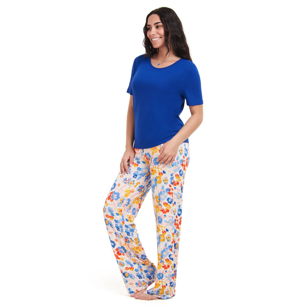 Women summer pajama set Royal Blue top   Colorful Blossoms pants