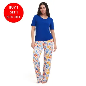 Women summer pajama set Royal Blue top   Colorful Blossoms pants