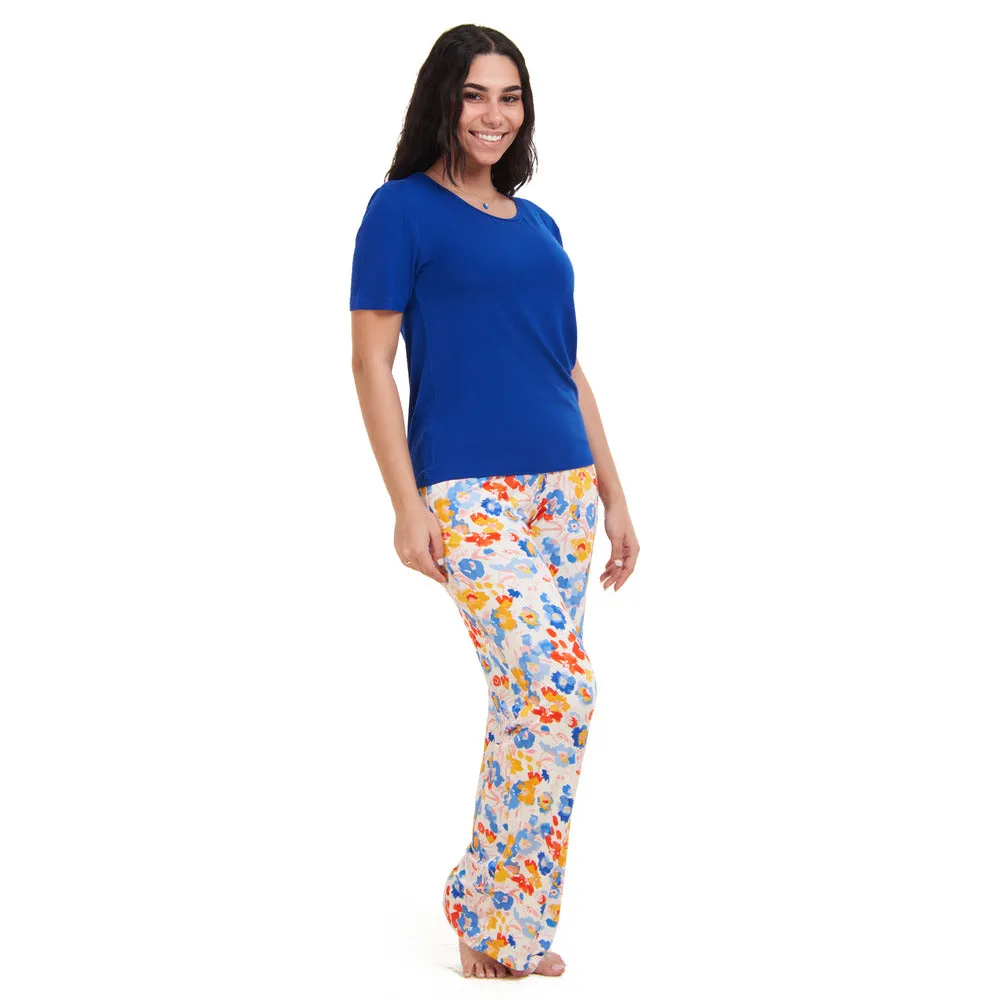 Women summer pajama set Royal Blue top   Colorful Blossoms pants