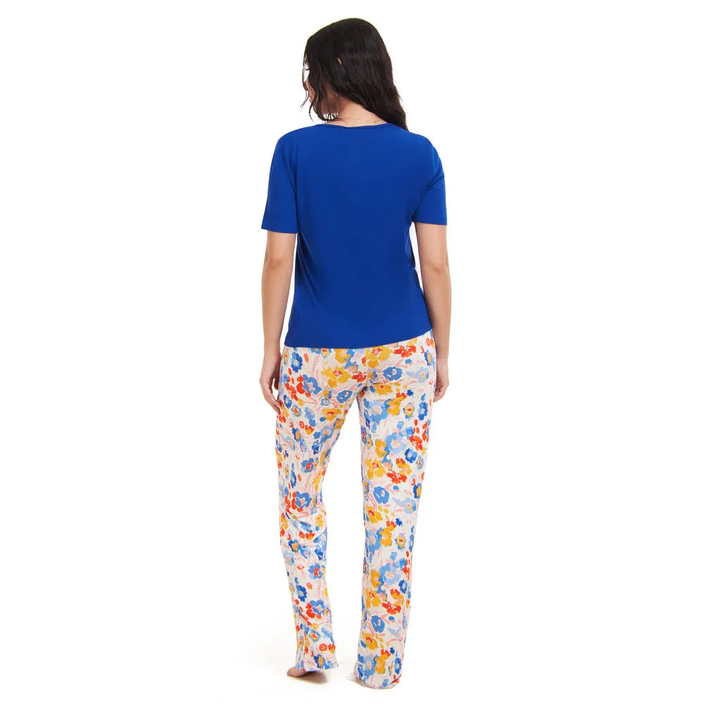 Women summer pajama set Royal Blue top   Colorful Blossoms pants