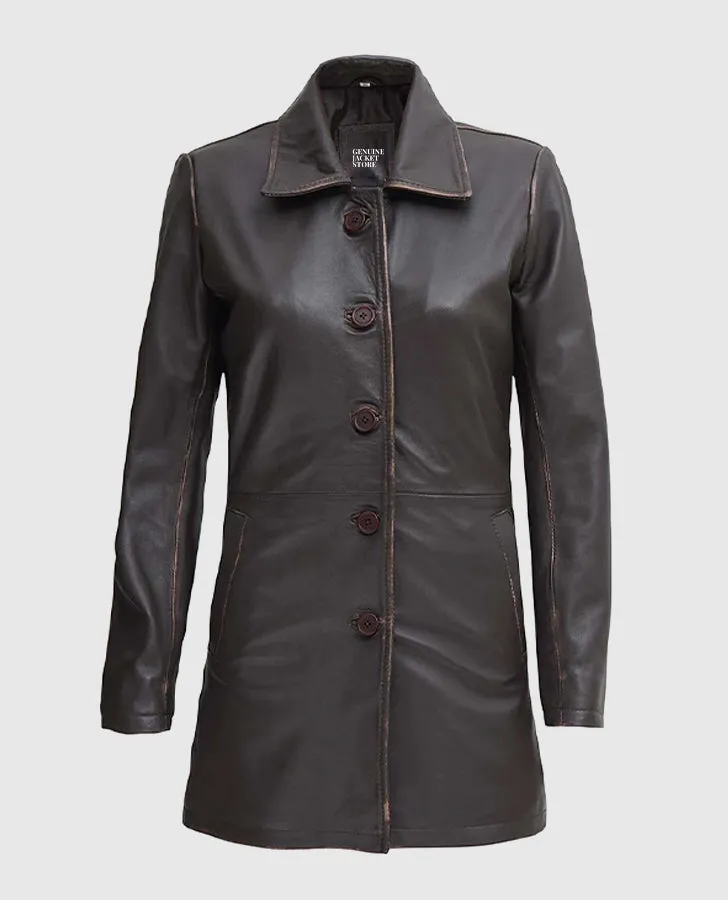 Women's Distressed Dark Brown Leather Coat