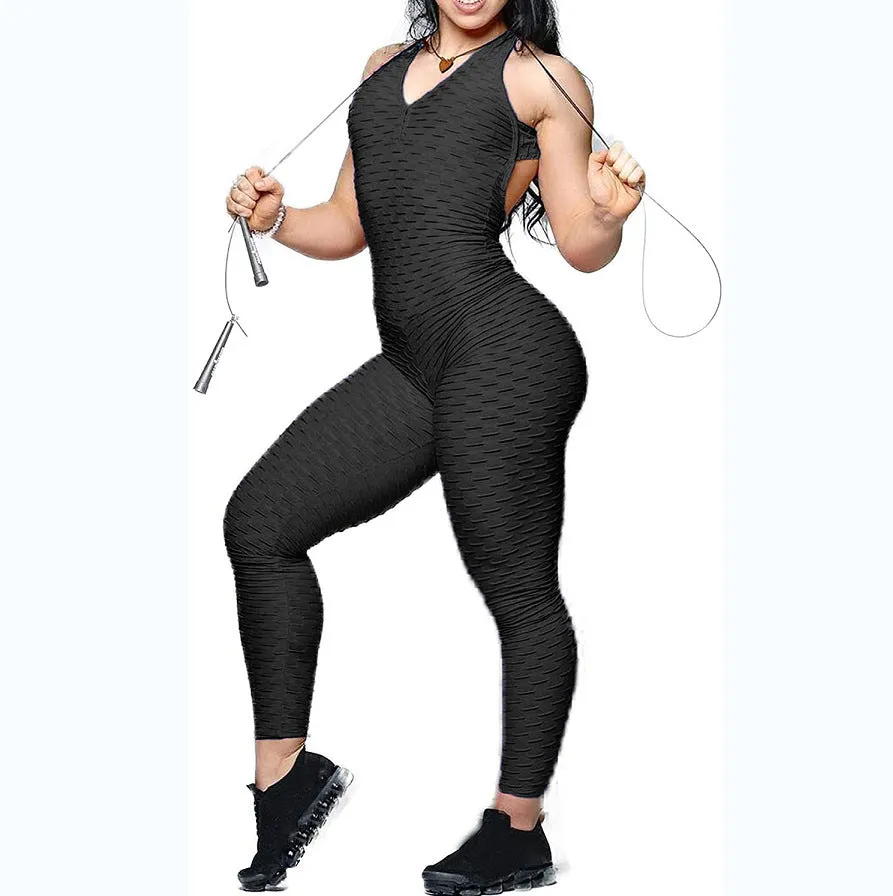 Women's Solid Color Jacquard Bubble Yoga Bodysuit