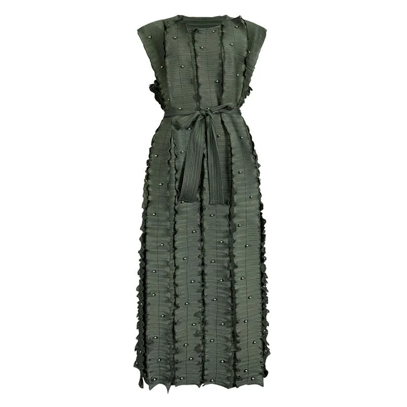 Wonderful Round Neck Beaded Detail Belted Ruffled Sleeveless Pleated Midi Dress