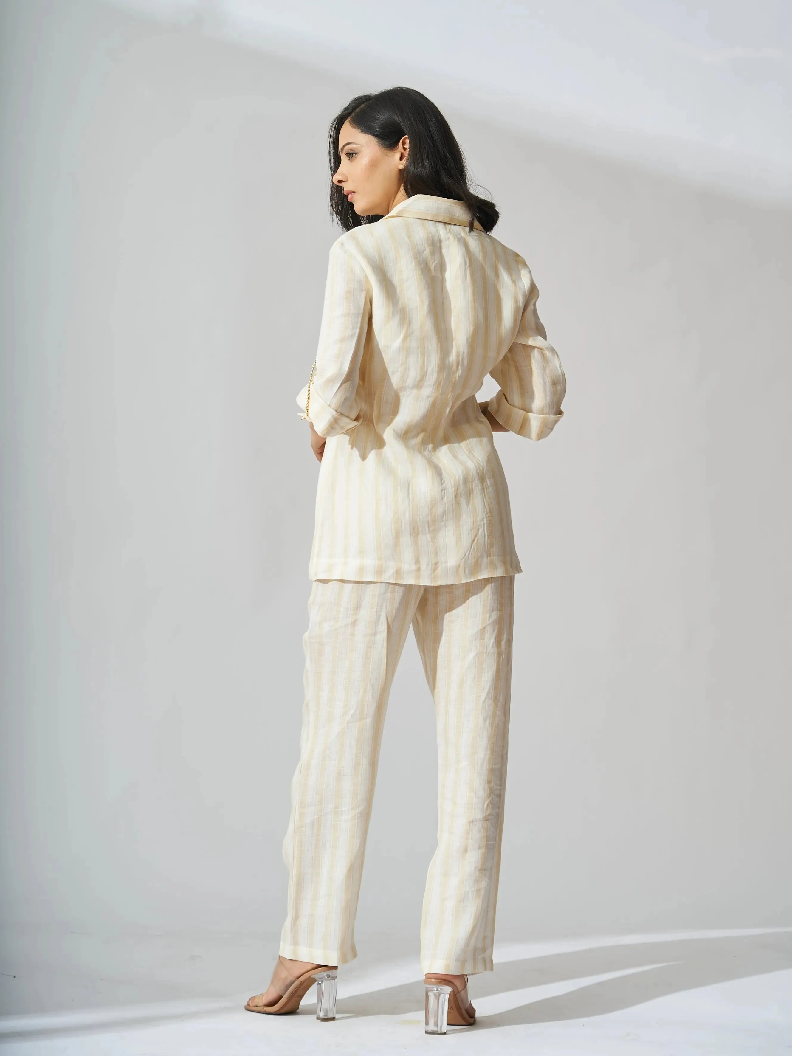 Yellow Striped Linen Blazer with Flared Pants